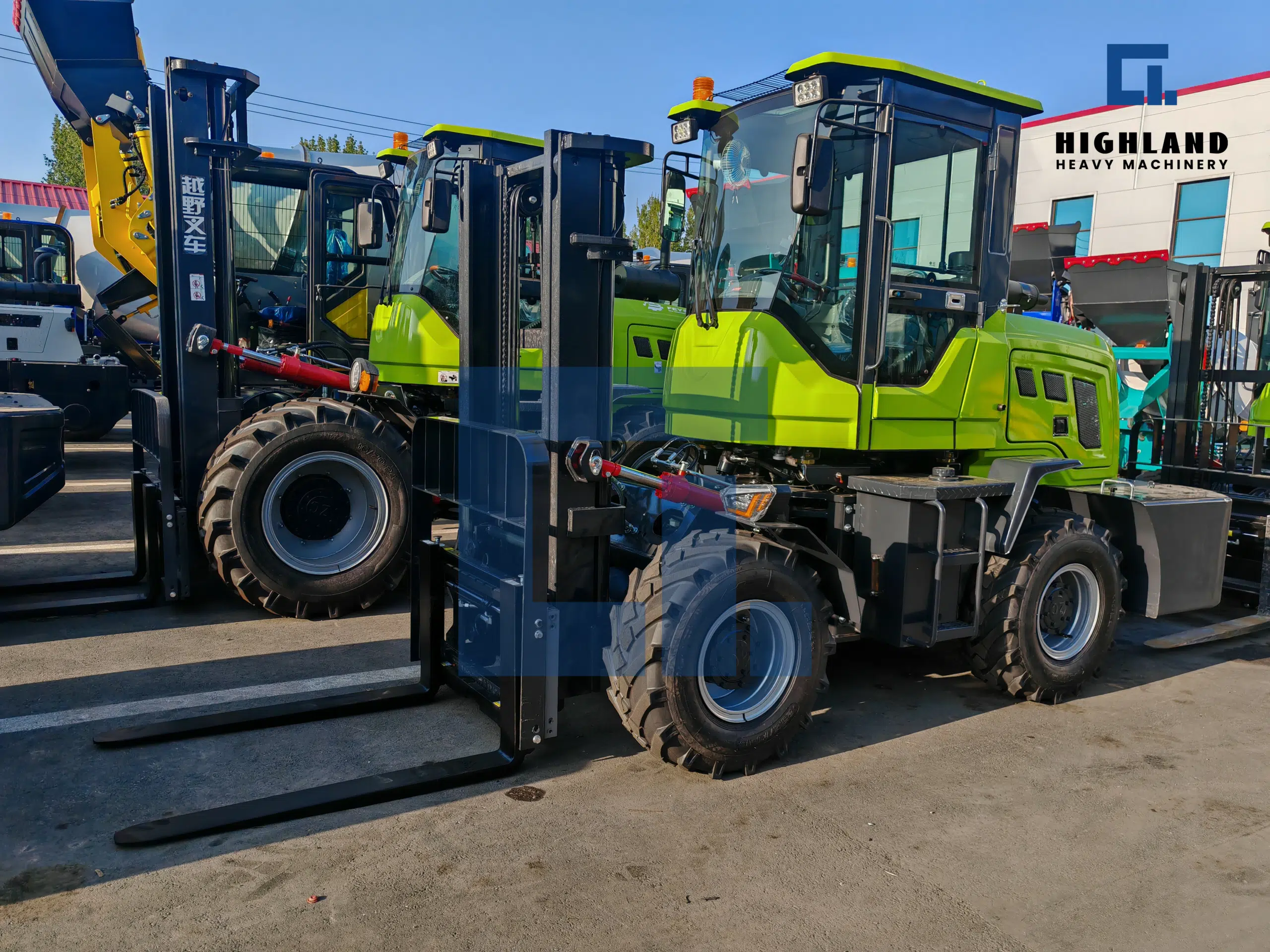 Sunlit view of brand new HIGHLAND HEAVY MACHINERY lime green rough terrain forklifts parked outside the factory, fresh stock ready for deployment in construction and industrial applications