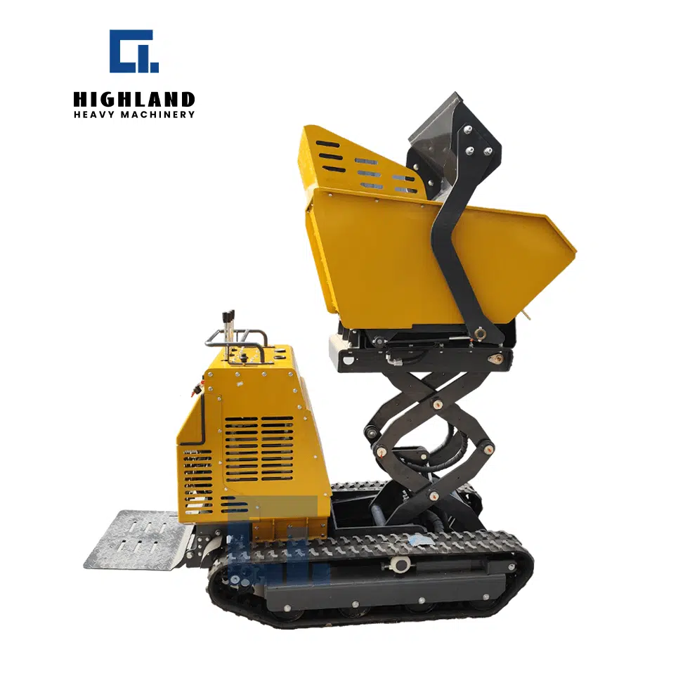 HIGHLAND HEAVY MACHINERY HIF-1000 tracked dumper featuring a scissor lift mechanism and high-discharge dump box, designed for precise overhead unloading and material stacking in confined construction sites and tunnel projects