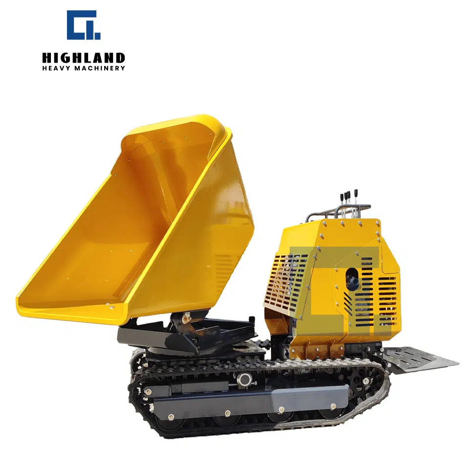 HIGHLAND HEAVY MACHINERY HIF-1200 tracked dumper demonstrating its side-tipping capability with the yellow skip tilted open, designed for precise unloading along walls, curbs, and in narrow trenches without repositioning the machine