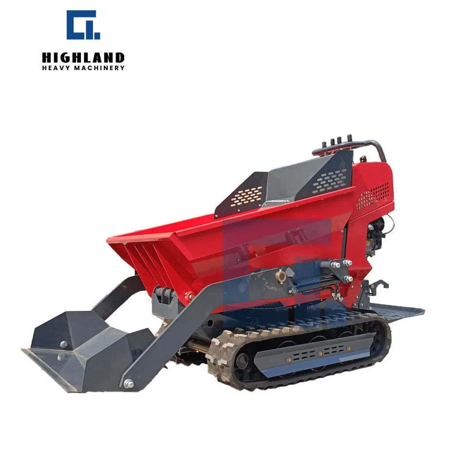HIGHLAND HEAVY MACHINERY HIF-500 500kg red self-load tracked dumper, featuring a front scoop and rubber tracks, designed as a compact labor-saving tool for landscaping and small garden projects