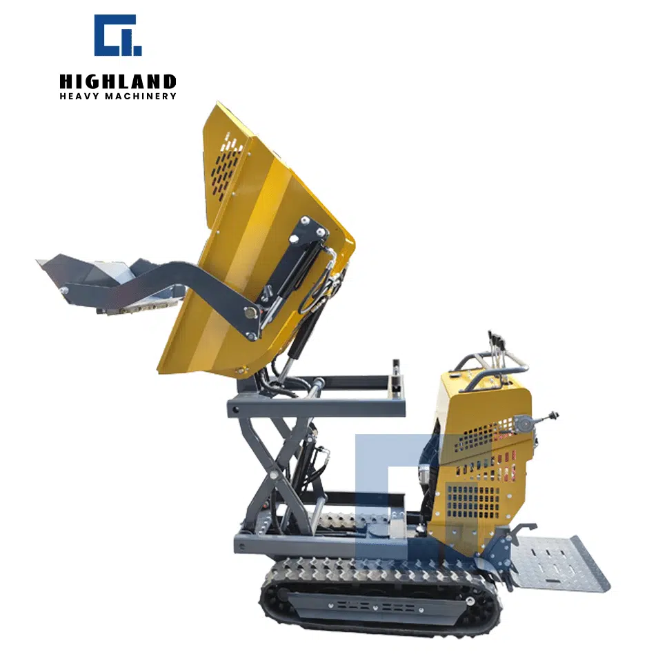 HIGHLAND HEAVY MACHINERY HIF-500S 500kg tracked lifting dumper with scissor lift mechanism, featuring an elevated dumping box designed for precise vertical material stacking and unloading in confined work areas