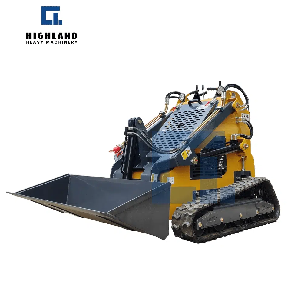 HIGHLAND HEAVY MACHINERY HIH-380 380kg compact tracked stand-on skid steer loader, featuring a rugged rubber track system for superior traction and stability on slopes, muddy ground, and uneven construction sites