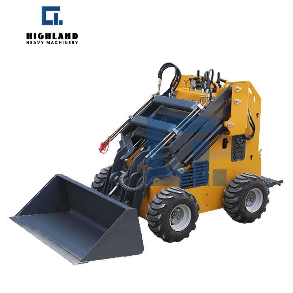 HIGHLAND HEAVY MACHINERY HIH-430 430kg stand-on skid steer loader in yellow, featuring a cleanly laid-out hydraulic system and rear engine access, designed for reliability and easy maintenance in rental fleets and small construction applications