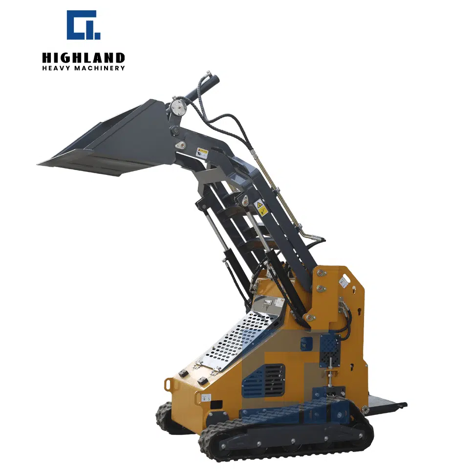 HIGHLAND HEAVY MACHINERY HIH-430 430kg stand-on tracked skid steer loader with bucket raised, compact design for high-efficiency material handling and quick operator cycles in landscaping and urban maintenance