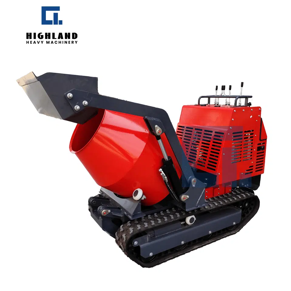 HIGHLAND HEAVY MACHINERY HIH-750 750kg self-loading tracked concrete mixer in red, featuring a front scoop and mixing drum on a compact tracked chassis for on-site batching in confined spaces