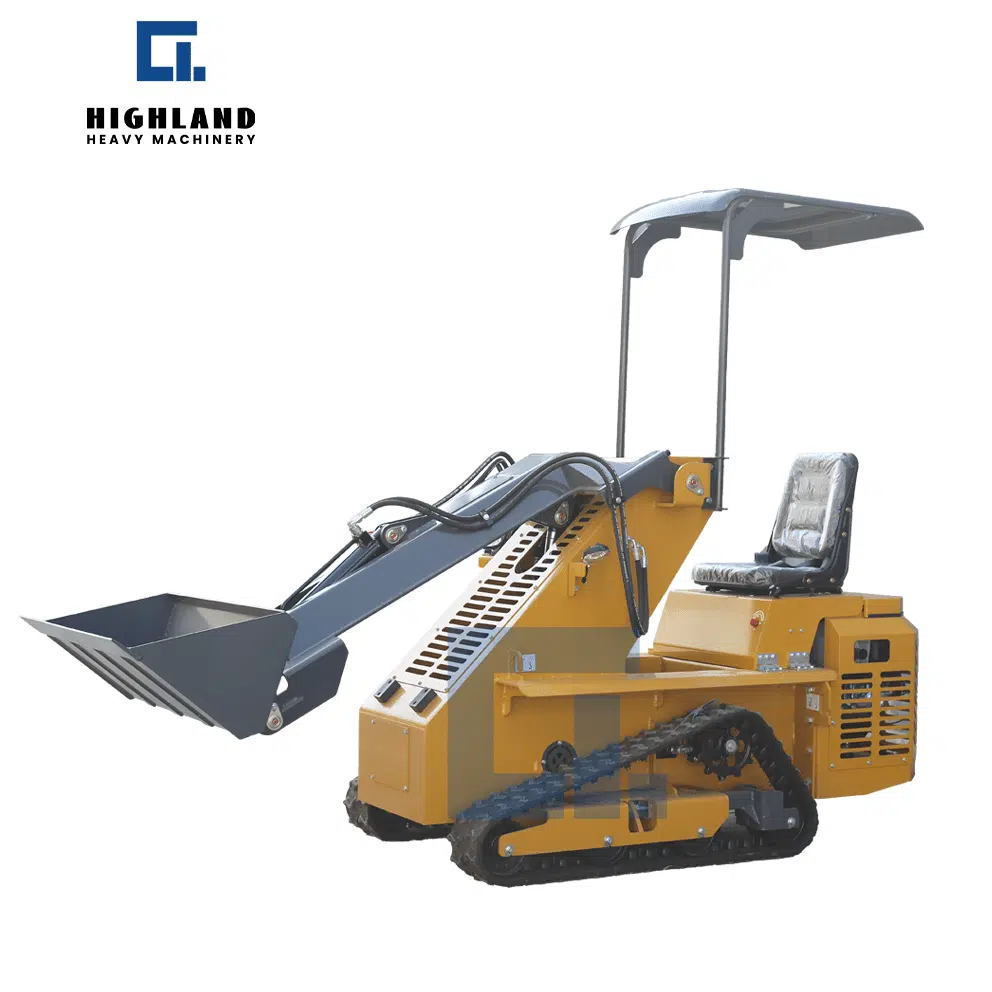 HIGHLAND HEAVY MACHINERY HIH-800 300kg compact tracked skid steer loader with open canopy, featuring a low center of gravity for stable lifting and shallow digging in landscaping and utility work