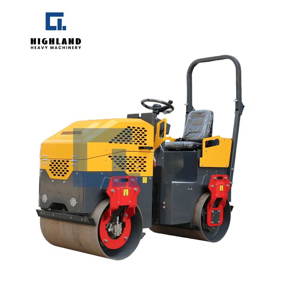 HIGHLAND HEAVY MACHINERY HIR-JS800 1.5 ton compact ride-on double drum vibratory roller, ideal for compacting bike paths, sidewalks, and tight urban construction areas