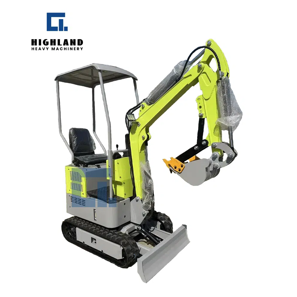 Brand new HIGHLAND HEAVY MACHINERY HIW 12 mini excavator with protective film, 1.2-ton ultra-compact design with front dozer blade and canopy, finished in bright lime green for residential grading and small utility repairs