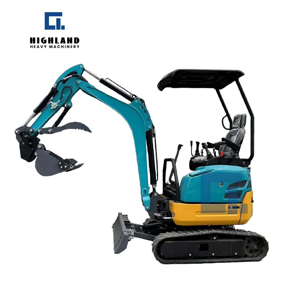 HIGHLAND HEAVY MACHINERY HIW 20 mini crawler excavator with canopy, compact design for landscaping, utility trenching, and small construction projects, featuring a teal and yellow body