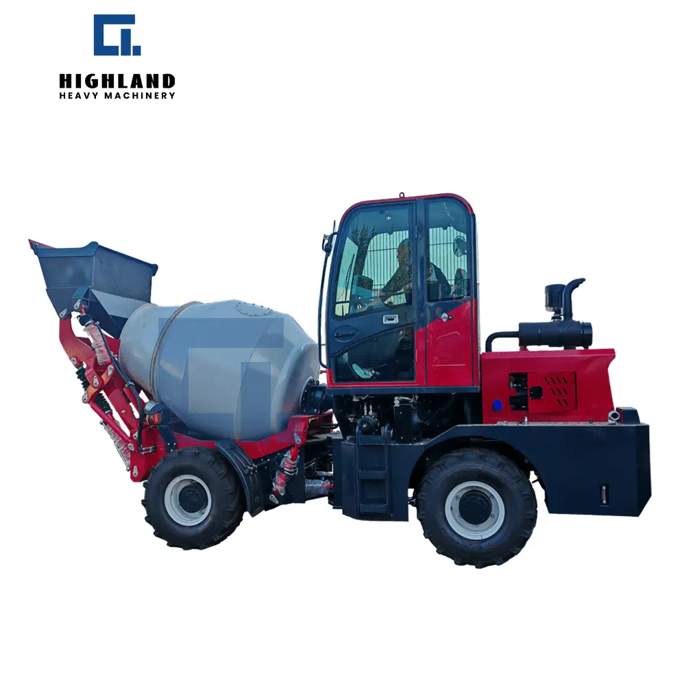 HIGHLAND HEAVY MACHINERY HIZ-1.5 self-loading concrete mixer in red, featuring a front loading bucket, enclosed operator cabin, and compact side profile for high-intensity job cycles on professional small-scale construction projects