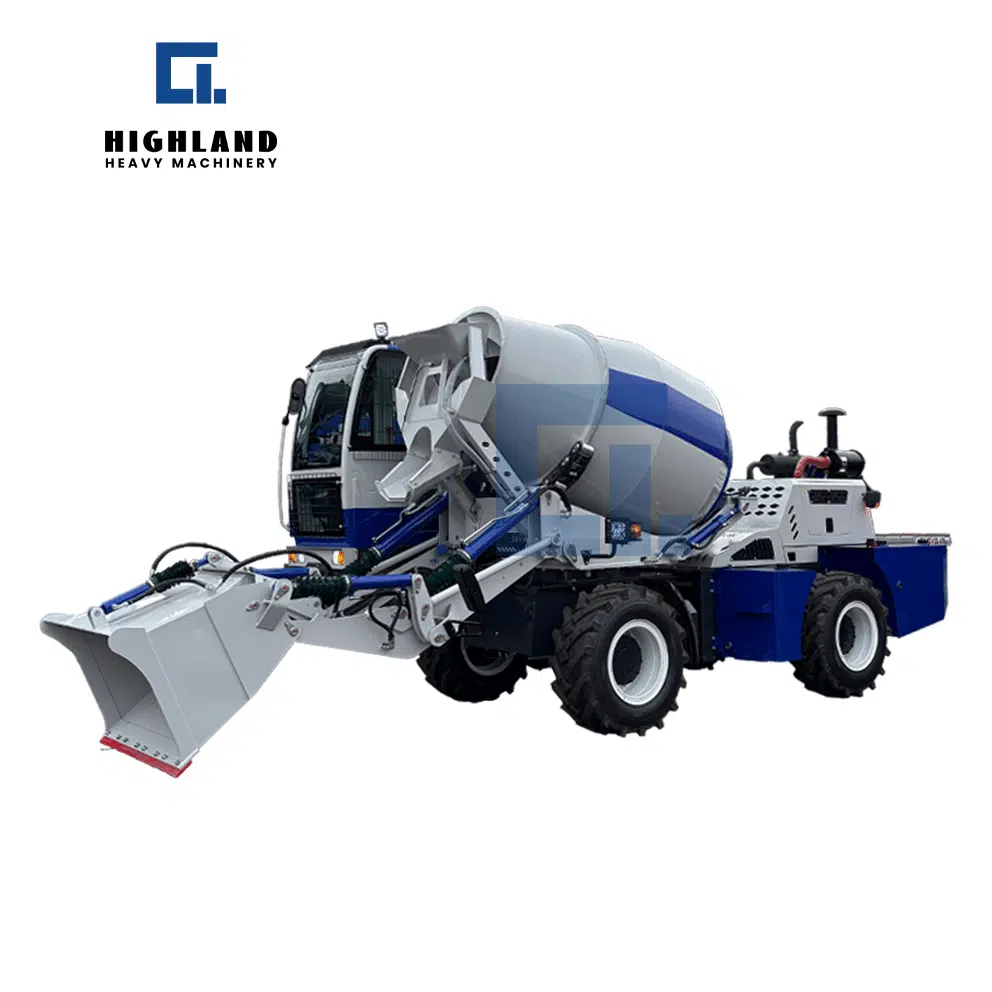 HIGHLAND HEAVY MACHINERY HIZ-2.6 self-loading concrete mixer in blue and white, front bucket resting on the ground, showcasing clean hydraulic hoses and factory-fresh configuration for reliable concrete production