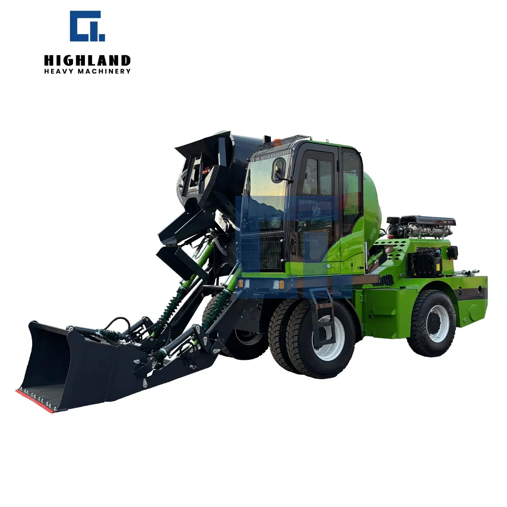 HIGHLAND HEAVY MACHINERY HIZ-3.5 self-loading concrete mixer in green, featuring an enclosed cabin and front loading bucket, engineered as a fully independent mobile batching plant for on-site concrete production