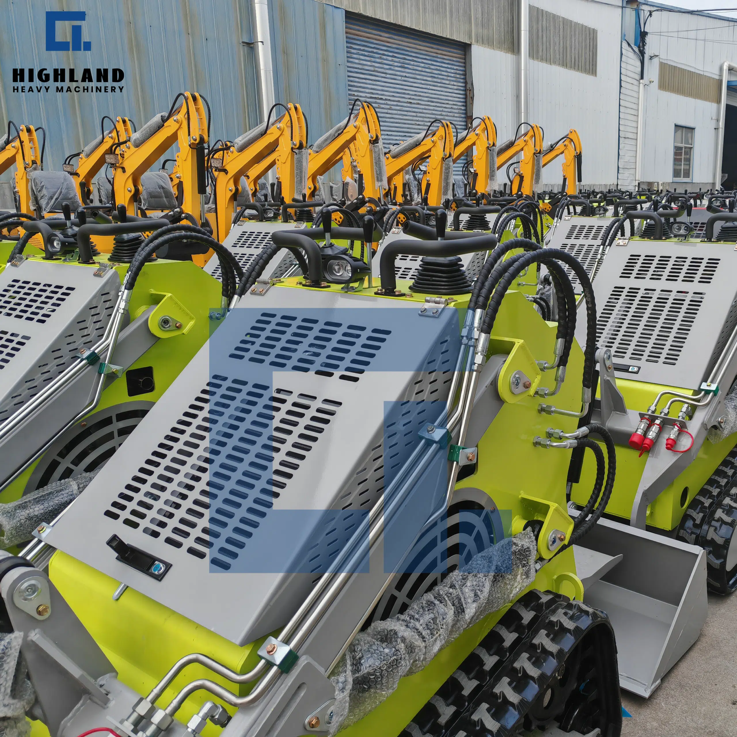 HIGHLAND HEAVY MACHINERY lime green mini skid steer loaders and yellow mini excavators lined up in the factory shipping yard, large inventory of brand new compact equipment ready for global delivery