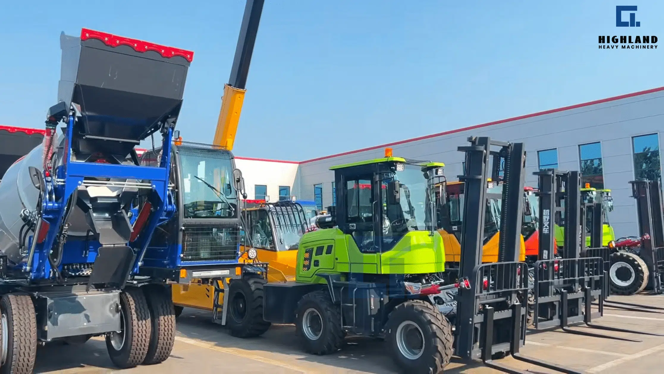 HIGHLAND HEAVY MACHINERY factory yard with a row of new construction equipment including concrete mixer, green wheel loader and yellow telescopic forklifts, ready for global shipment