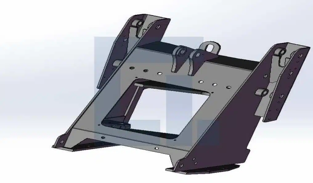 3D CAD model of HIGHLAND HEAVY MACHINERY HILT 50 backhoe loader front frame, showing heavy-duty steel construction, reinforced mounting points, and central opening for chassis strength verification