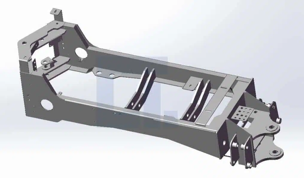 3D CAD model of HIGHLAND HEAVY MACHINERY HILT 50 backhoe loader rear frame, showing structural cross-members, reinforced engine mounts, and heavy-duty welding for rear stability and load distribution