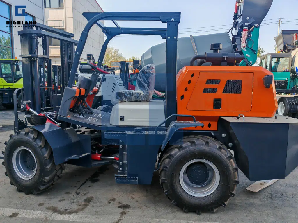 HIGHLAND HEAVY MACHINERY 3.5-ton rough terrain forklift displaying articulated steering, featuring a brand new unit with protective wrapping on the seat and controls, equipped with heavy-duty off-road tires.