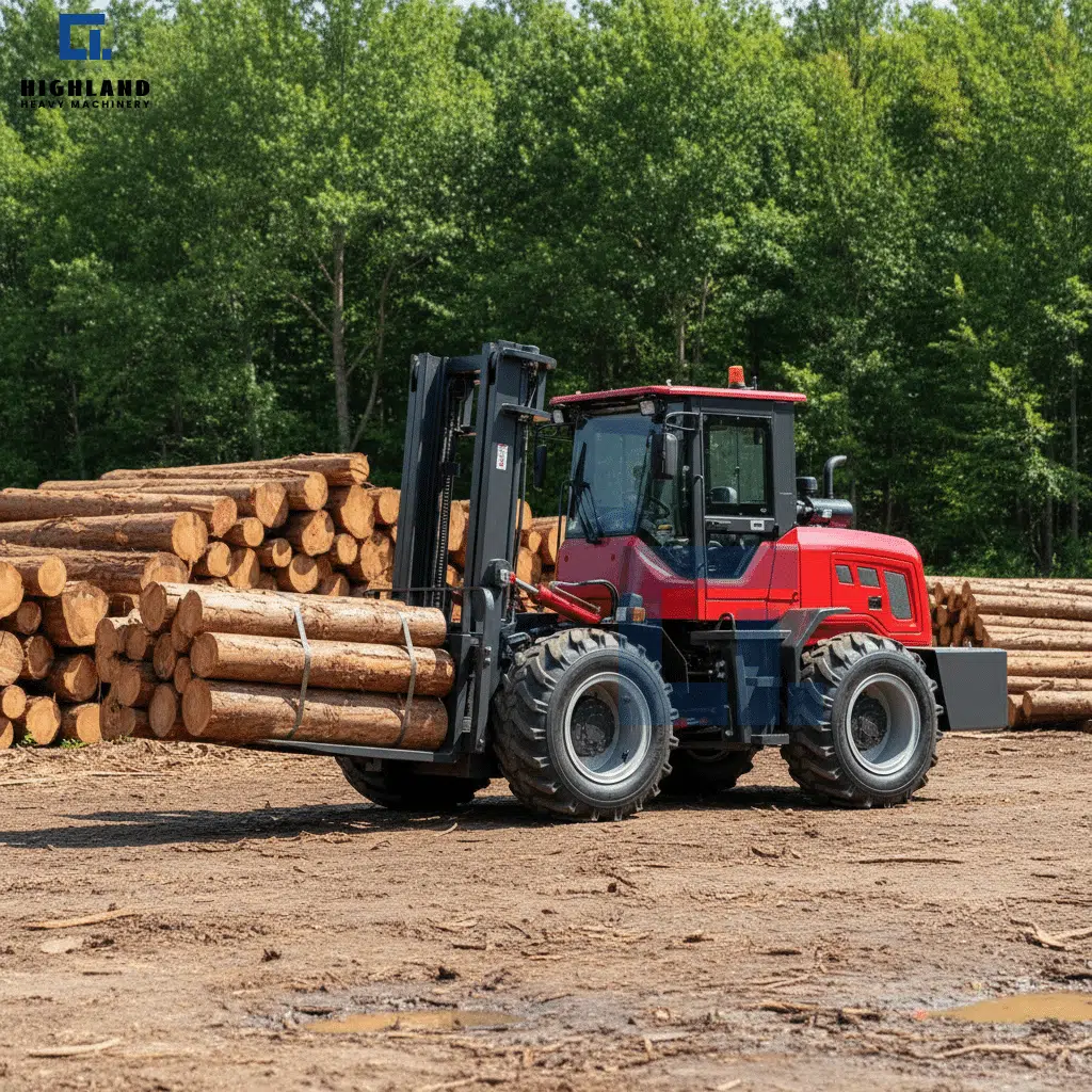 HIGHLAND 5T articulated rough terrain forklift transporting timber in muddy forestry yard