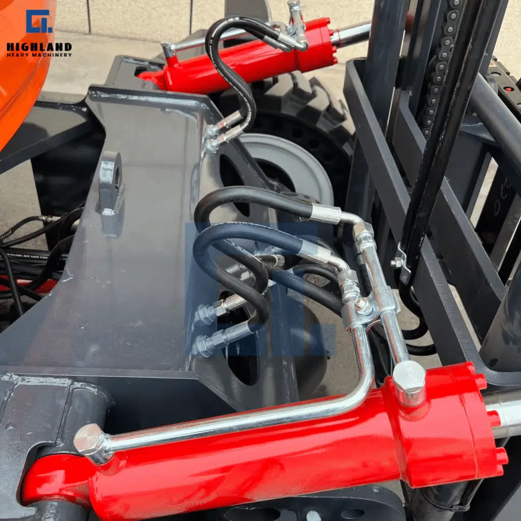 HIGHLAND HEAVY MACHINERY 5t articulated rough terrain forklift for mining, featuring a heavy-duty red hydraulic lifting cylinder and precision hose assembly close-up, designed to deliver reliable lifting force in harsh mining environments.