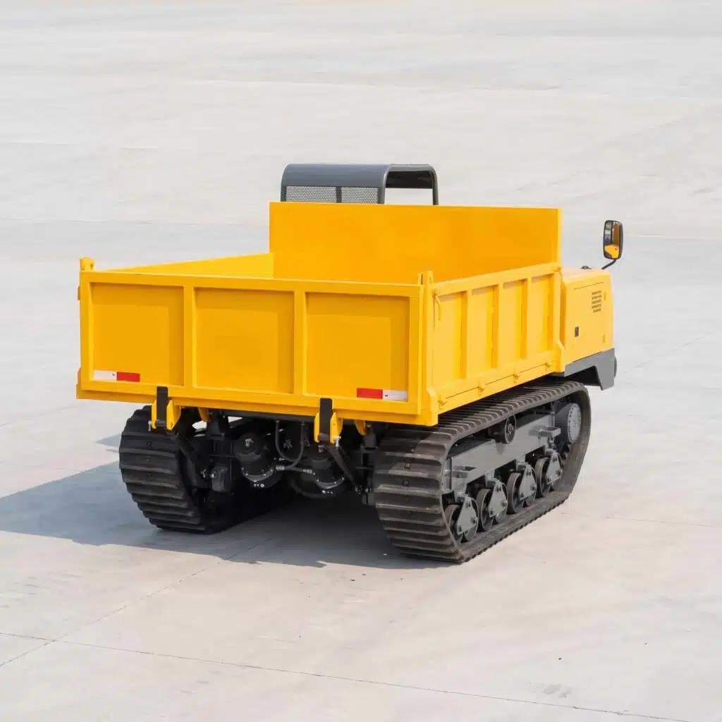 HIGHLAND HEAVY MACHINERY 6-ton crawler track dumper rear-side view, showcasing a solid yellow dump box, tail lights, and a heavy-duty track undercarriage.
