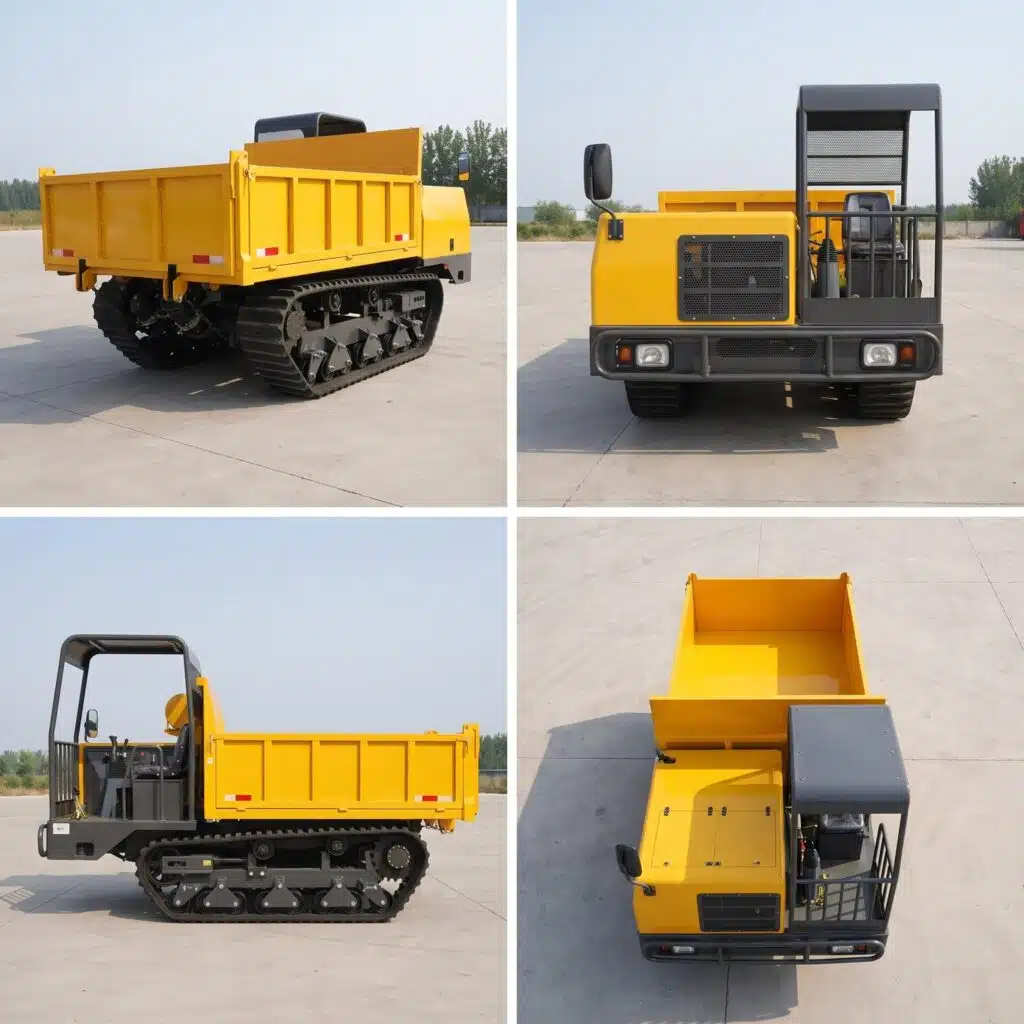 HIGHLAND HEAVY MACHINERY 6-ton crawler track dumper multi-angle collage showcasing front, side, rear, and overhead views at an industrial yard.