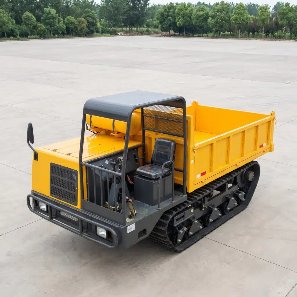 HIGHLAND HEAVY MACHINERY 6-ton crawler track dumper with open canopy operator station, driver seat, and control levers, parked on a paved outdoor yard.
