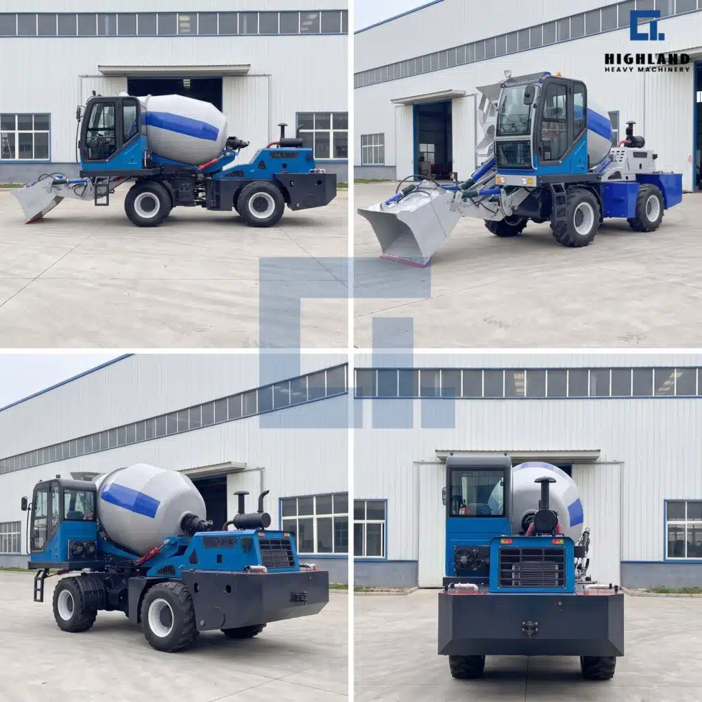 HIGHLAND HEAVY MACHINERY self loading concrete mixer truck multi-angle visual collage featuring front, side, rear, and back views of the enclosed cabin and mixing drum, showcasing a complete exterior layout in a factory yard.